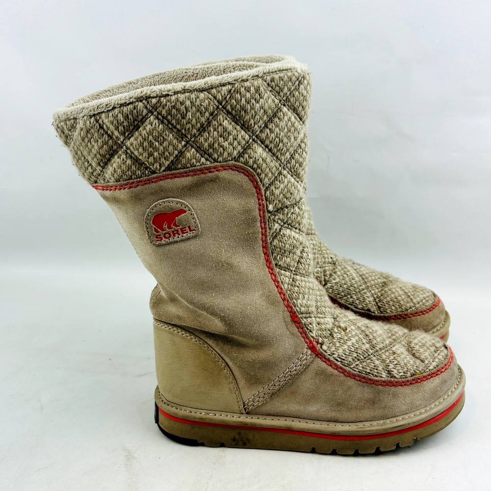 Sorel The Campus Tall Pull On Winter Boots Youth Girls‎ 2 Beige Suede Knit Lined